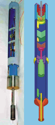 Внешний вид и схематический разрез рабочего макета теплового снаряда ТБПО-132 